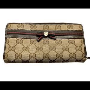 GUCCI Authentic Sherry Princy GG zipper wallet canvas Leather ribbon